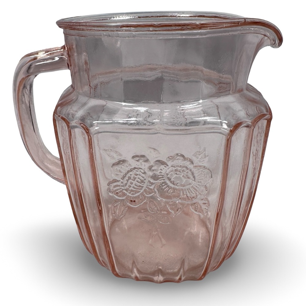 Vintage Anchor Hocking Mayfair Open Rose Pink Depression Glass Floral Pitcher